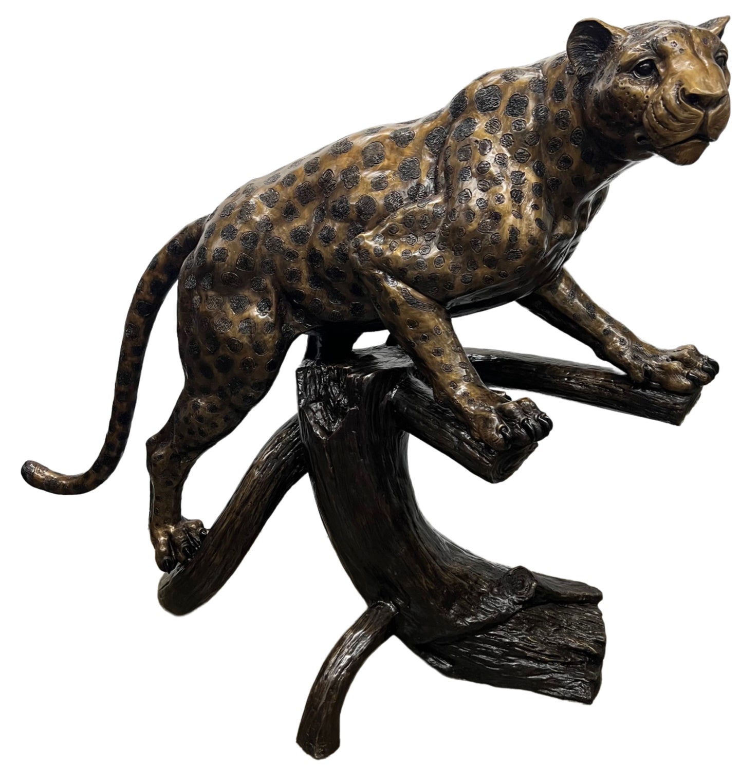 Leopard/Cheetah/Jaguar on Log Monumental Bronze Sculpture